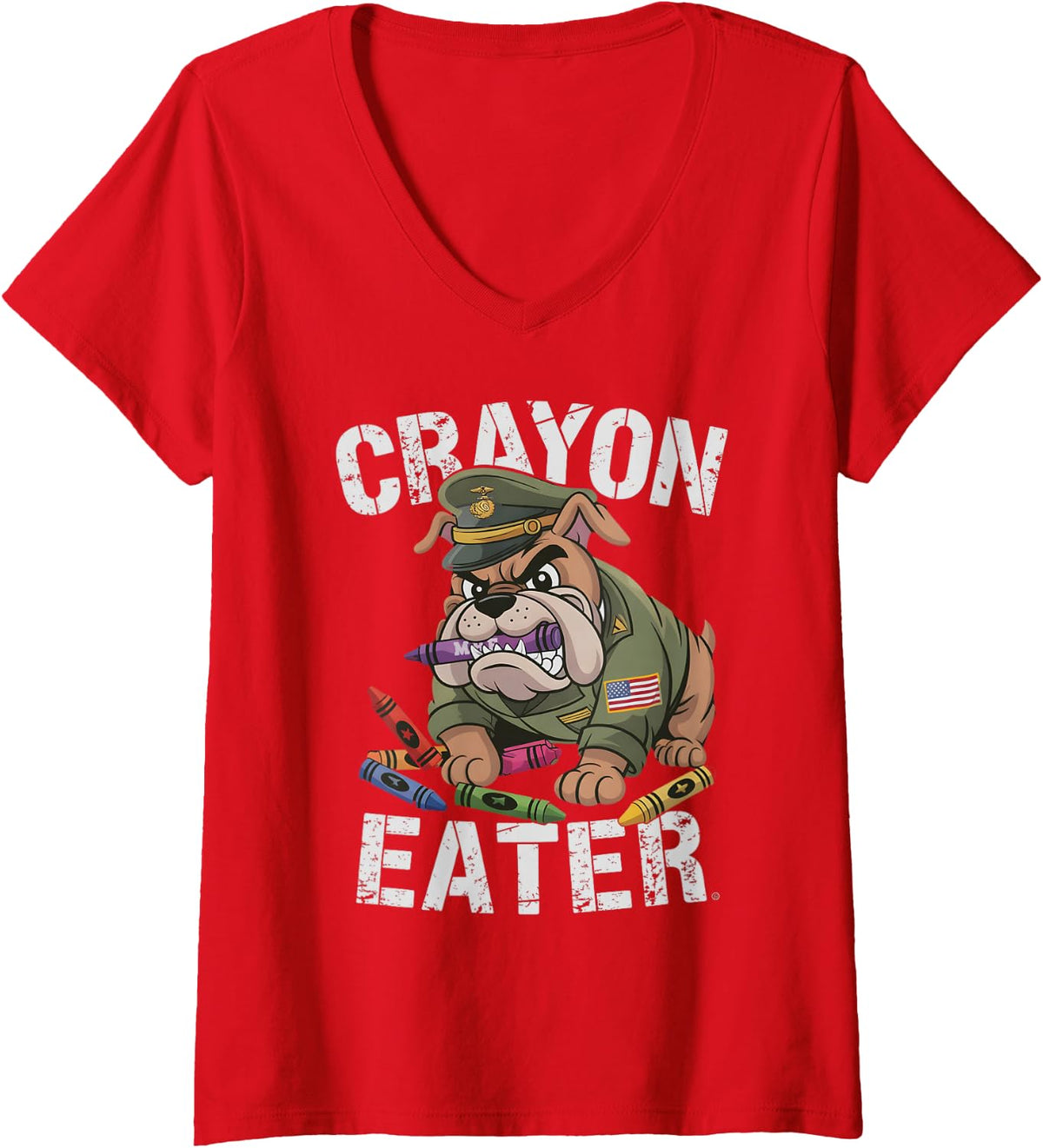 Women's Cute Crayon Eater Military Boot Camp Dog Jarhead Joke V-Neck T-Shirt - Red