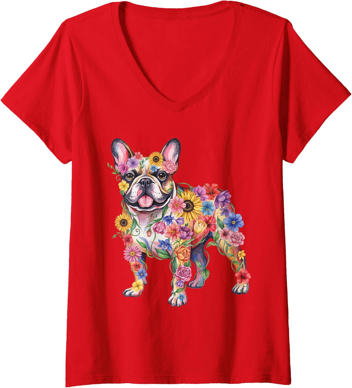 Women's French Bulldog Floral Frenchie Mama V-Neck T-Shirt - Red