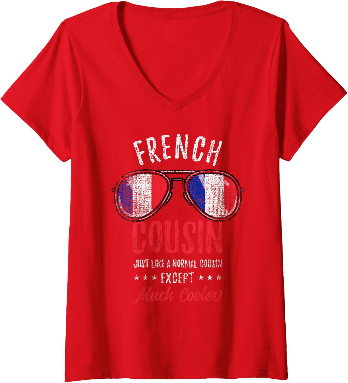 Women's Cool French Cousin Sunglasses French Family Vintage V-Neck T-Shirt - Red
