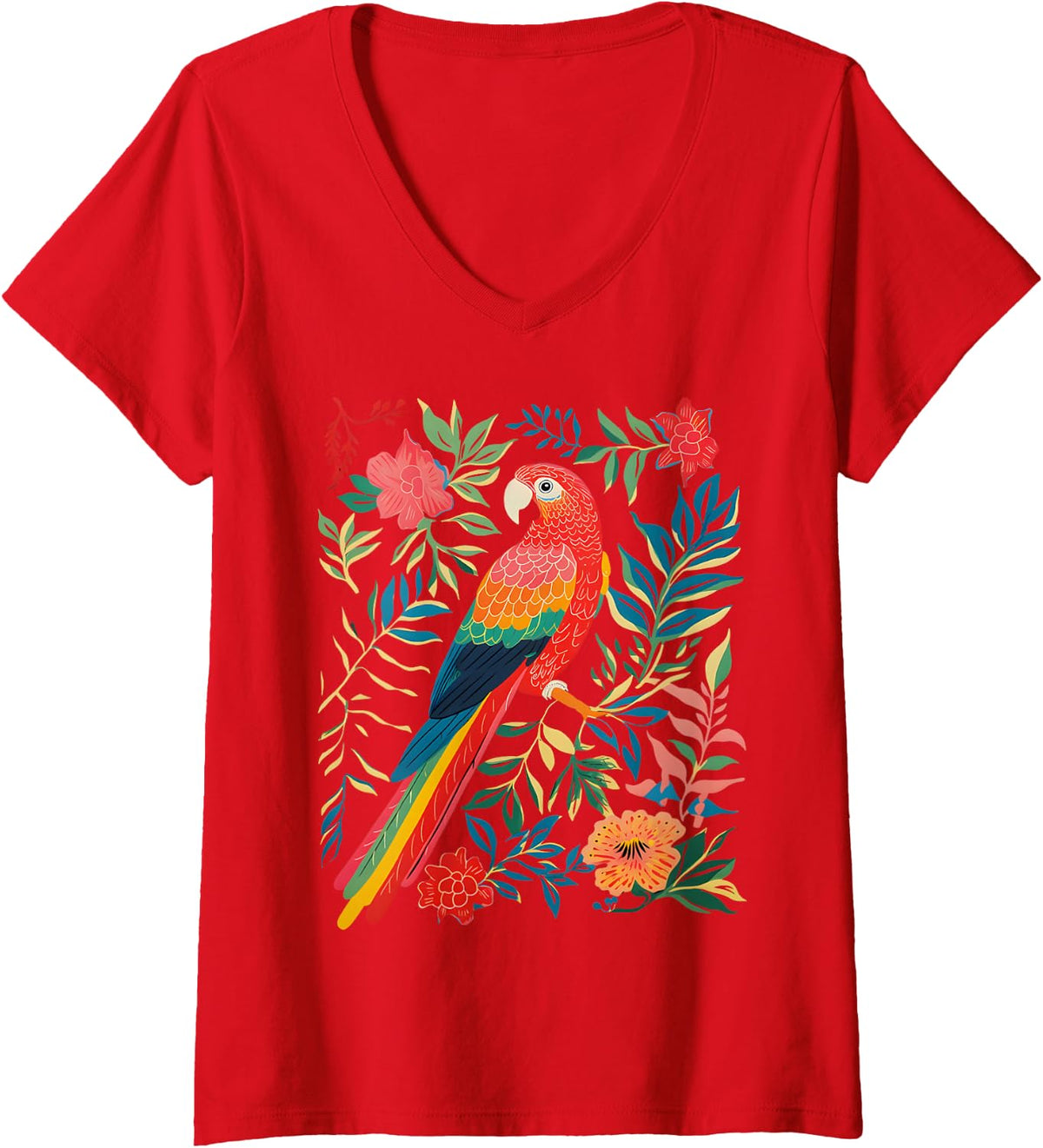 Women's Boho Floral Parrot Scarlet Macaw Birdwatching Bird Lover V-Neck T-Shirt - Red