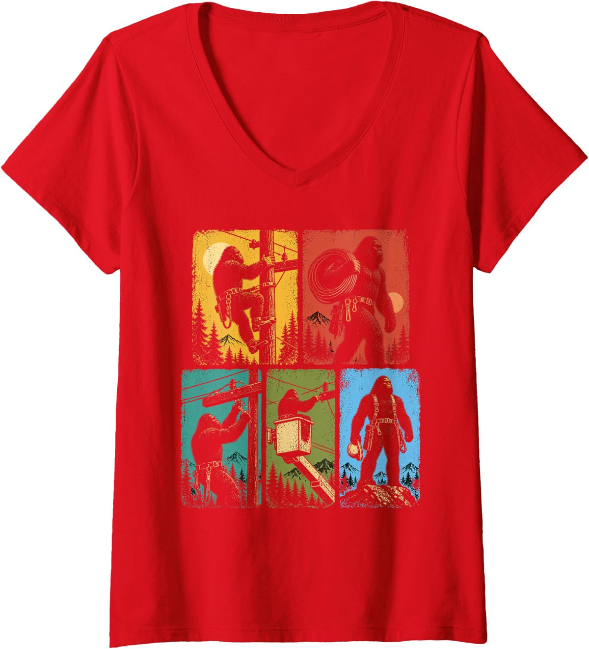 Women's Funny Bigfoot Lineman V-Neck T-Shirt - Red