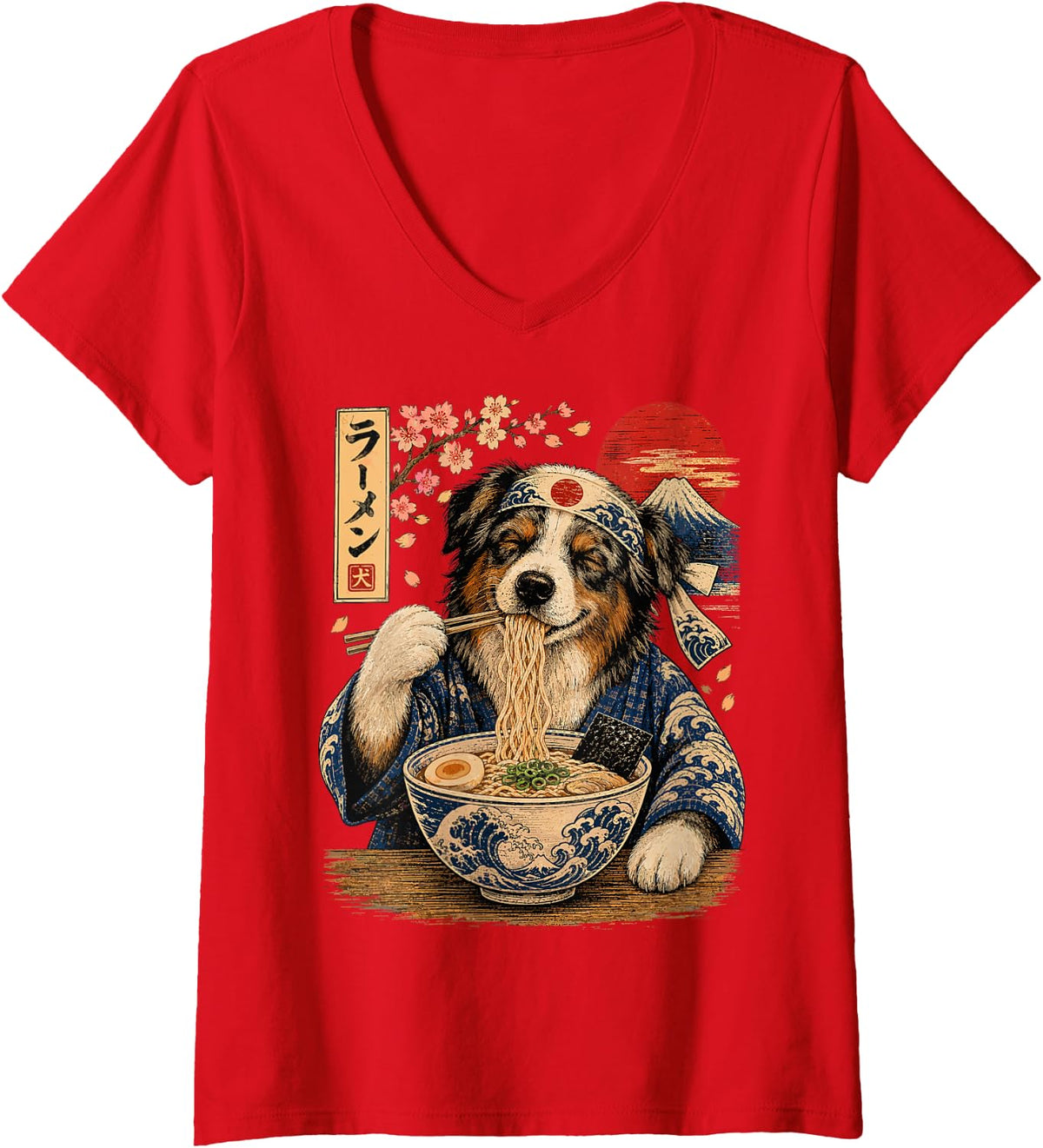 Women's Australien Shepherd Dog Eating Ramen Japanese Aussie V-Neck T-Shirt - Red