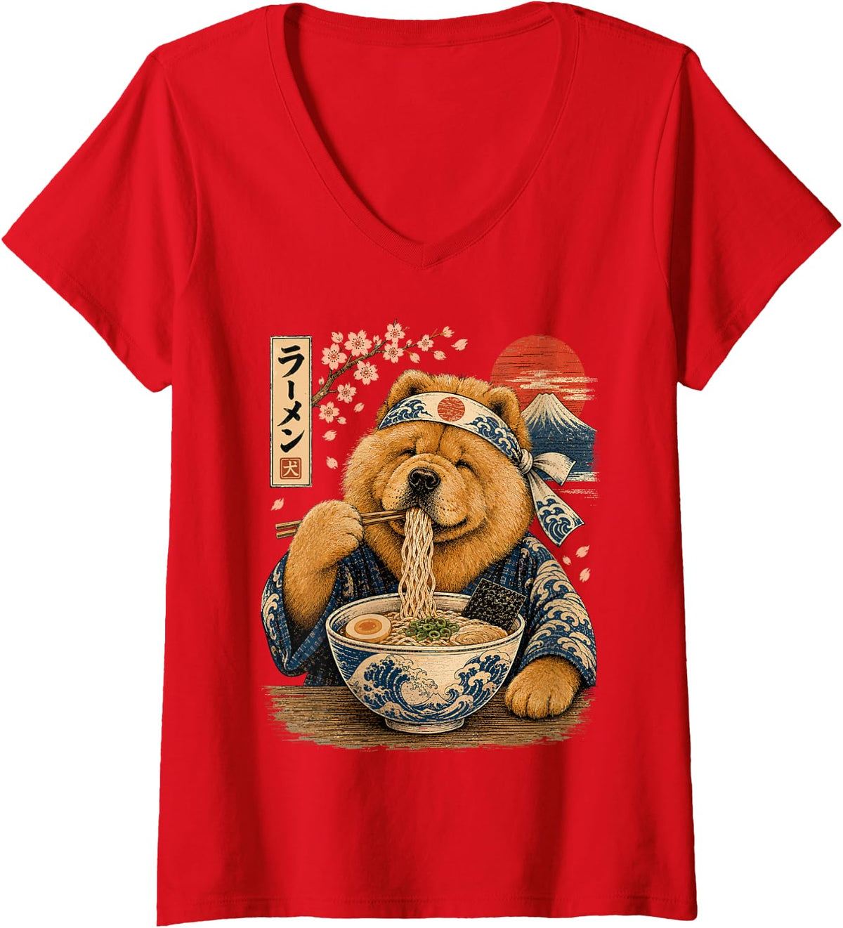 Women's Chow Chow Dog Eating Ramen Japanese Chow Chow V-Neck T-Shirt - Red