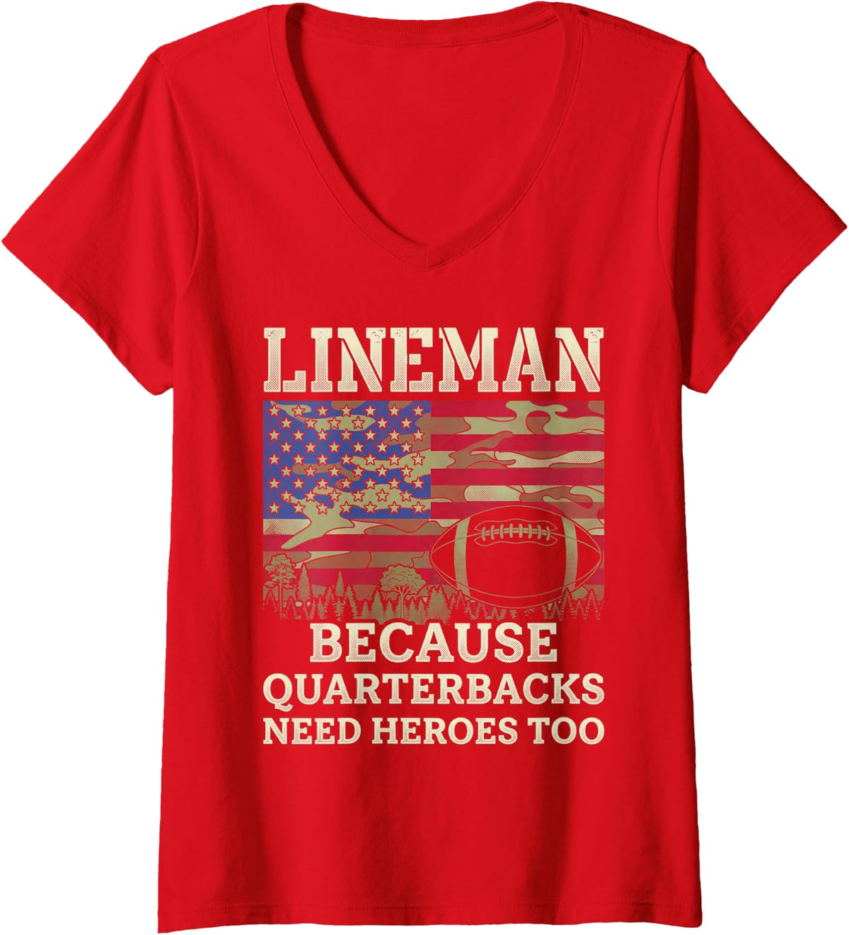 Women's Lineman Football Patriotic American Flag Camouflage V-Neck T-Shirt - Red