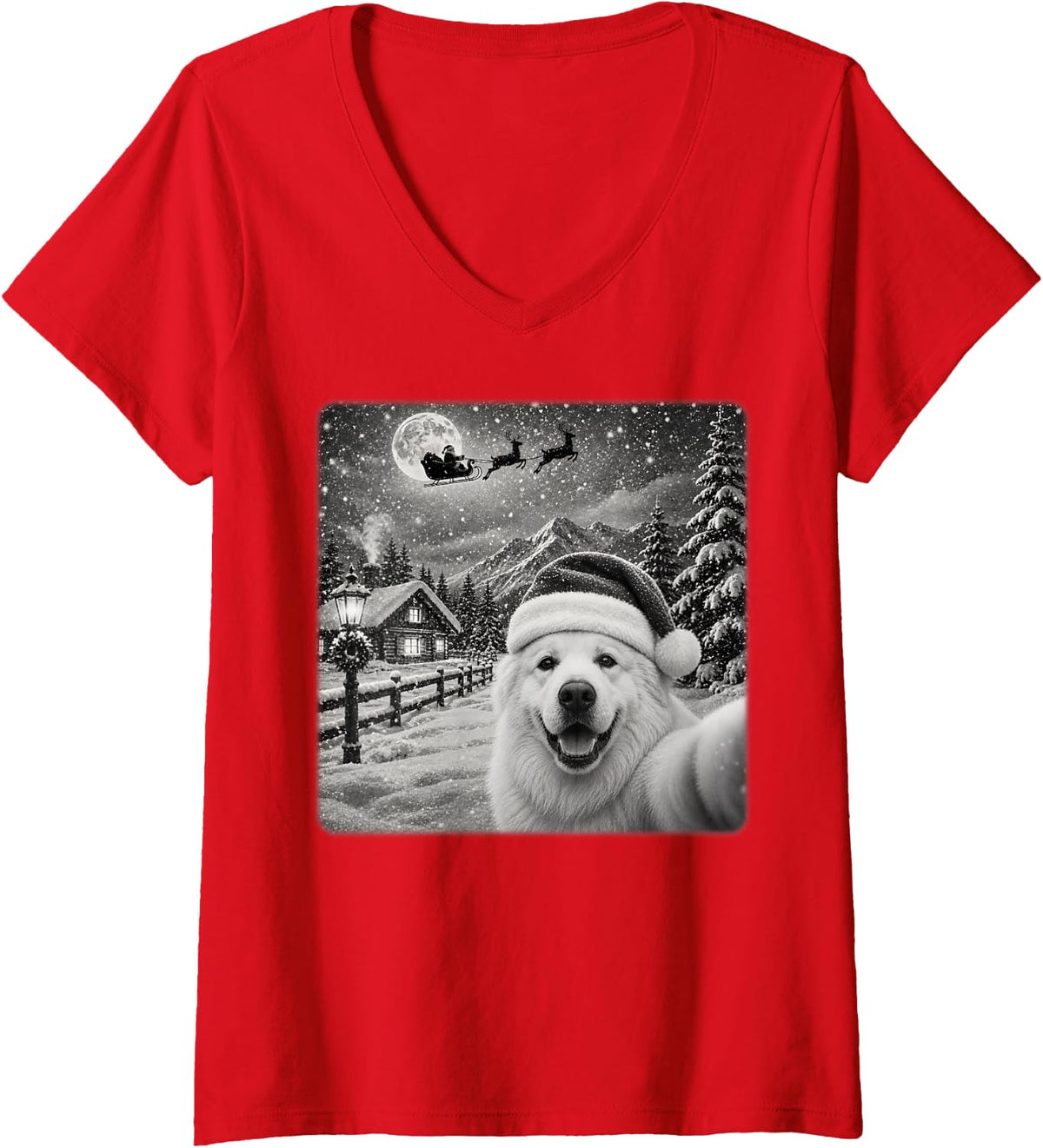 Women's Xmas Moon Night Santa Sleigh Great Pyrenees Dog Christmas V-Neck T-Shirt - Red