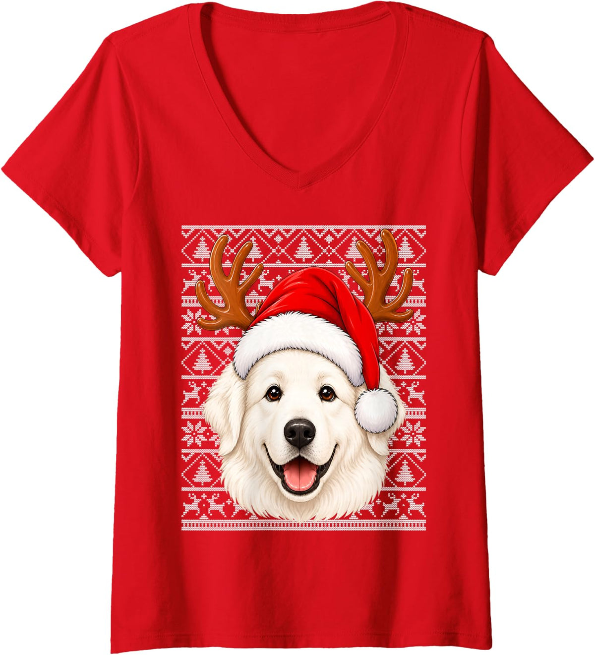 Women's Great Pyrenees Dog Christmas Santa Hat Ugly Sweater Xmas V-Neck T-Shirt - Red