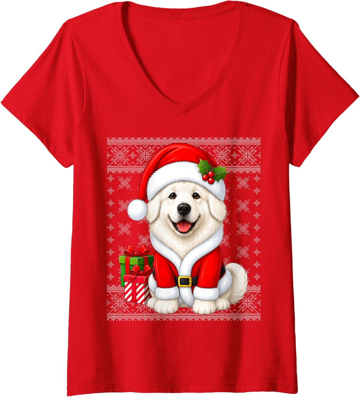 Women's Great Pyrenees Dog in Christmas Santa Costume Ugly Xmas V-Neck T-Shirt - Red