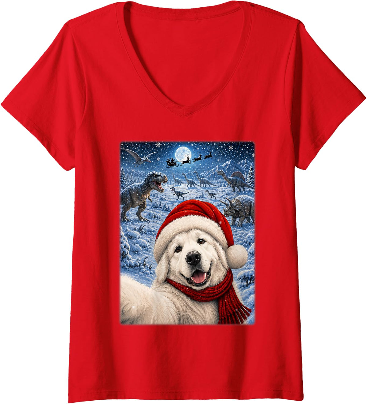 Women's Great Pyrenees Dog Christmas Moon Night Starry Dinosaur Xmas V-Neck T-Shirt - Red