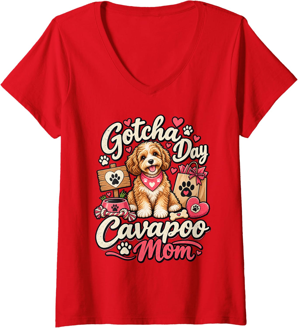 Women's Gotcha Day Cavapoo Mom Dog Mom Cavapoo Lover Puppy Love V-Neck T-Shirt - Red