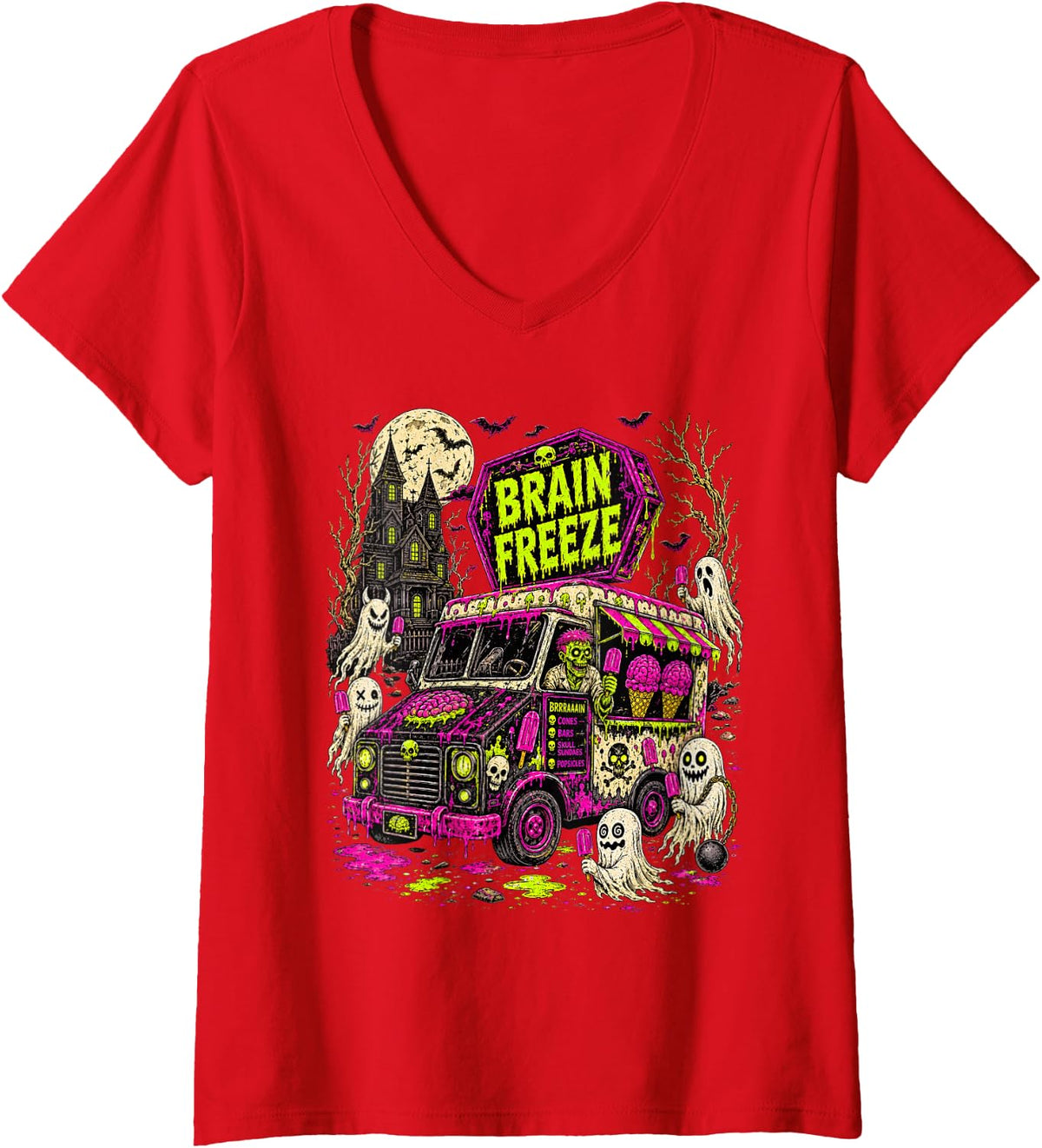 Women's Halloween Vibes Spooky Season Summerween Brain A Freeze V-Neck T-Shirt - Red