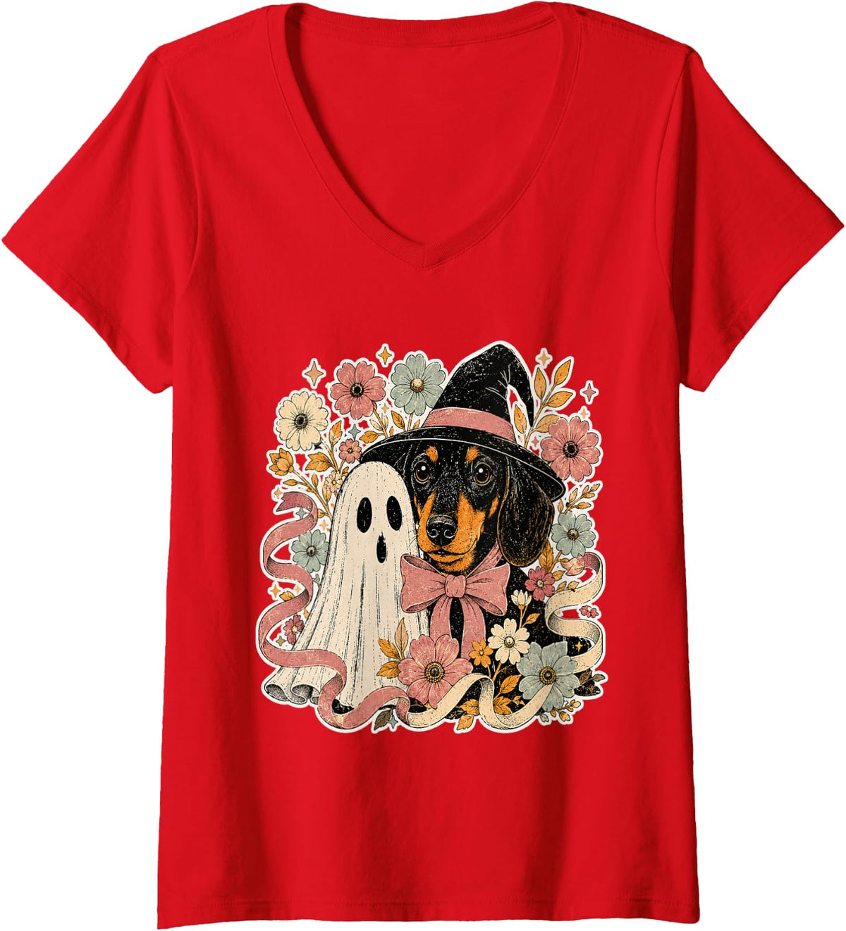 Women's Fall Dogs Ghost Dog Witch Dachshund Halloween V-Neck T-Shirt - Red