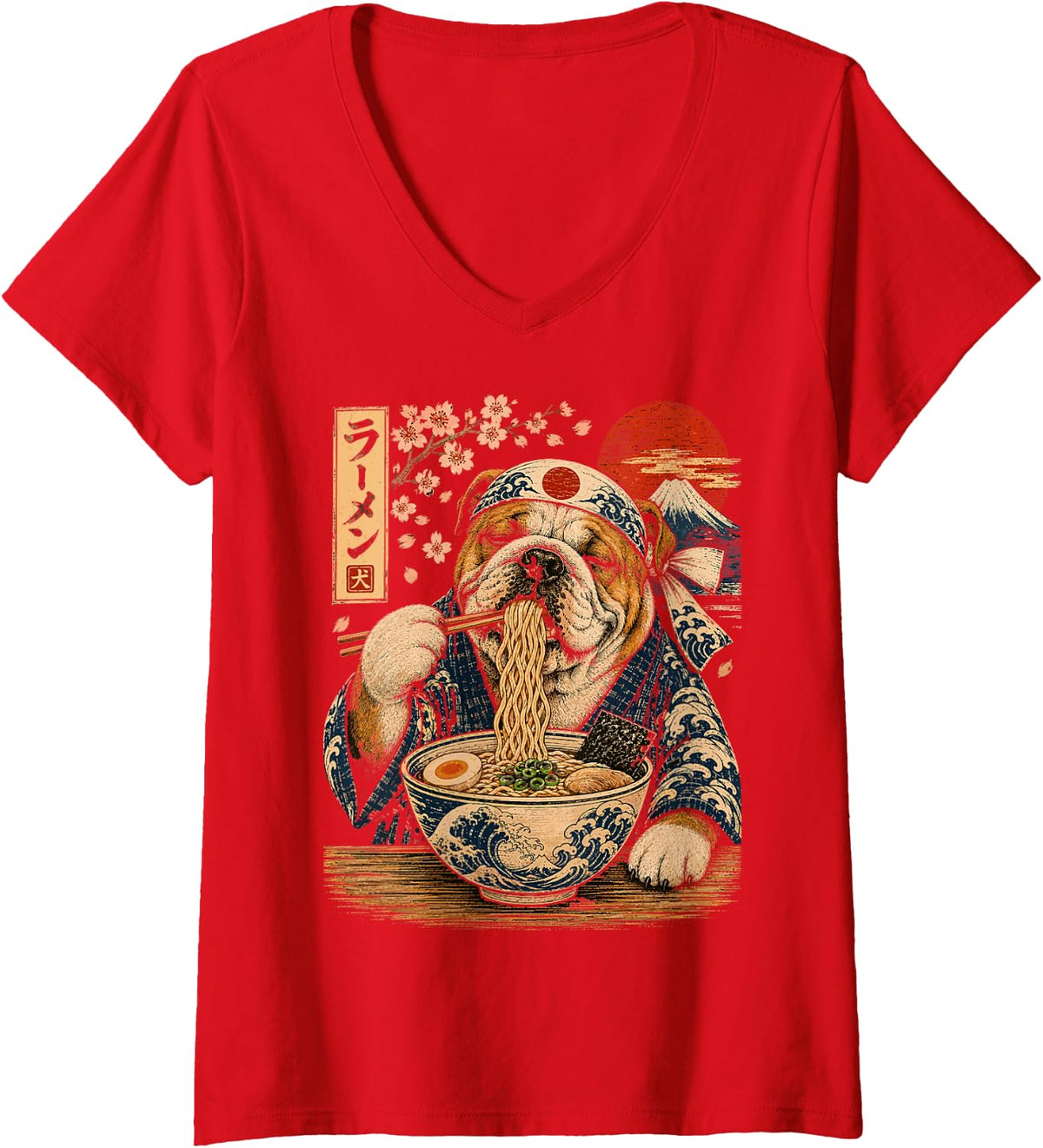 Women's Bulldog Dog Eating Ramen Japanese English Bulldog V-Neck T-Shirt - Red