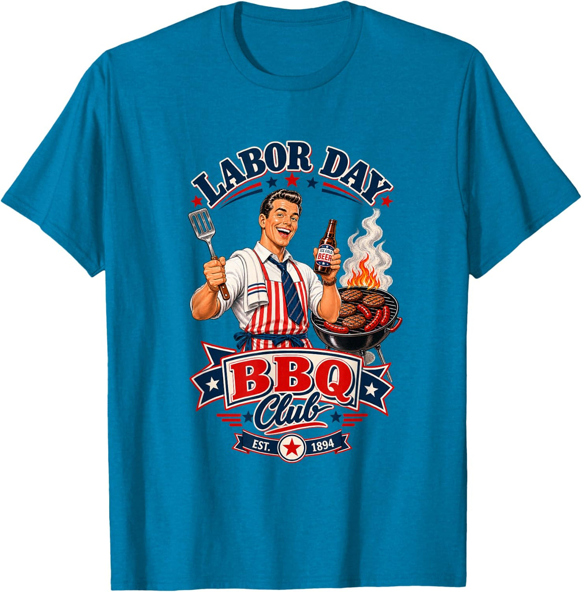 Labor Day BBQ Club Retro Grill Master Cookout T-Shirt - Sapphire Blue