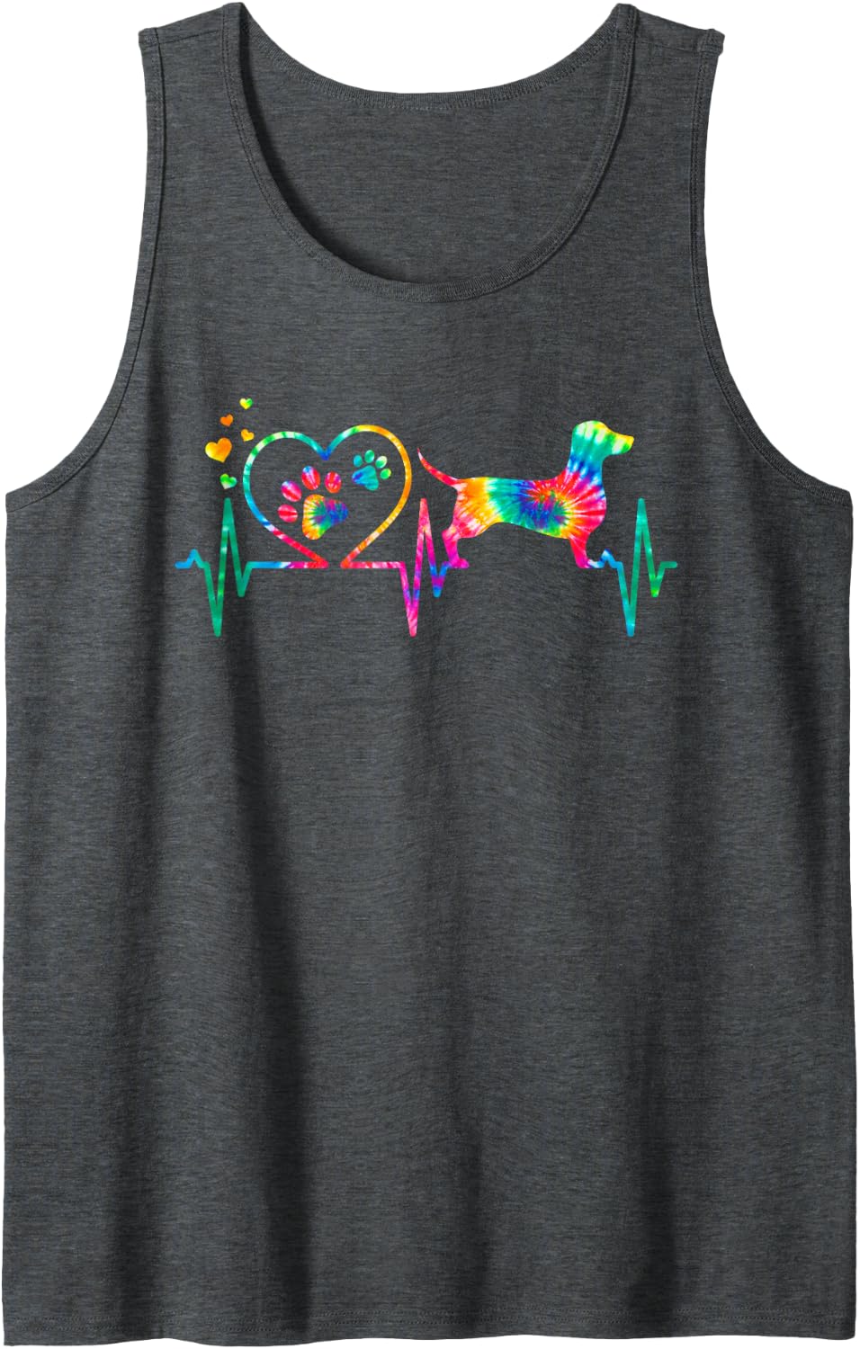 Dachshund Doxie Weenie Mom Dad Heartbeat Tie Dye Dog Tank Top - Dark Heather Grey
