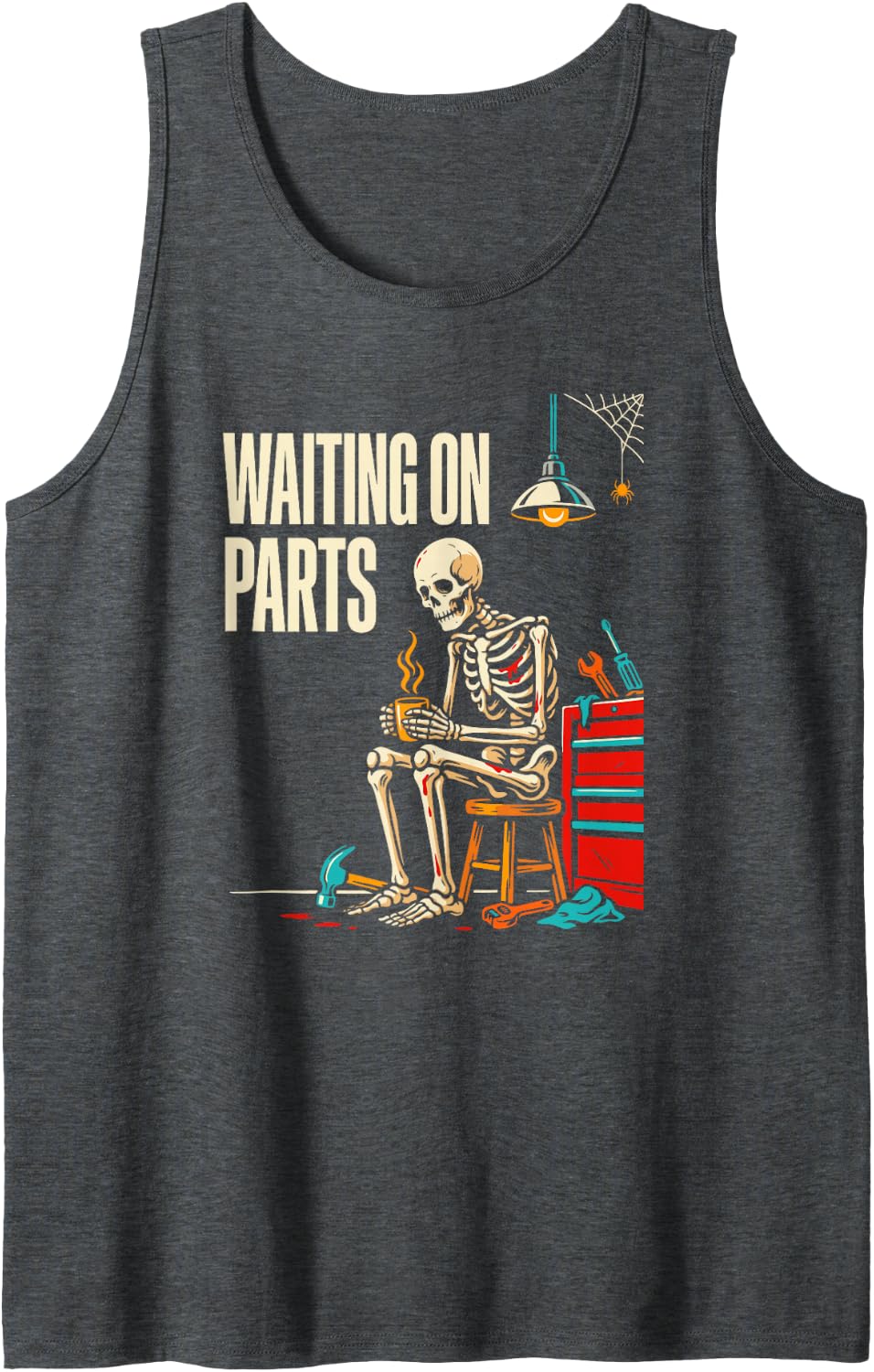 Waiting On Parts Skeleton Mechanic Auto Repair Novelty Humor Sleeveless Tank Top - Dark Heather Grey
