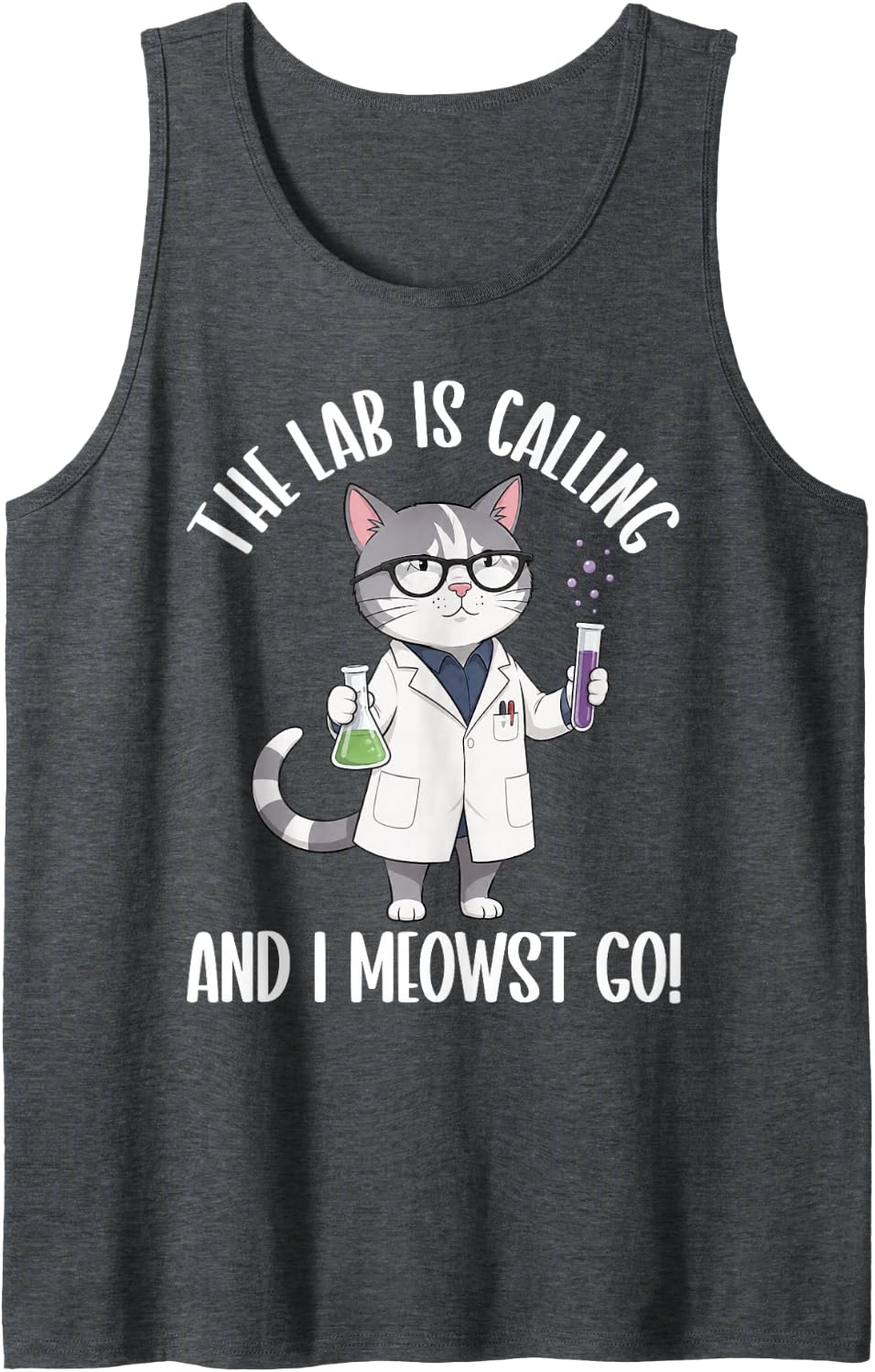 The Lab is Calling and I Must Go Scientist Cat Chemistry Sleeveless Tank Top - Dark Heather Grey
