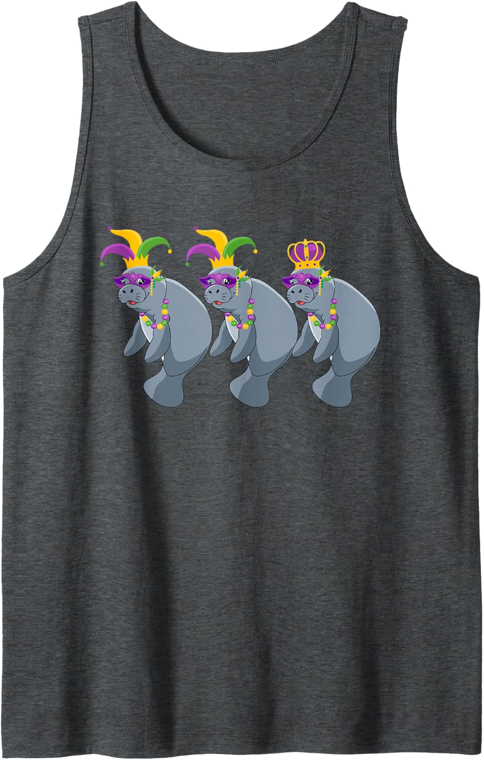 Three Cute Manatees Wearing Mardi Gras Masked Beads Zoo Sleeveless Tank Top - Dark Heather Grey