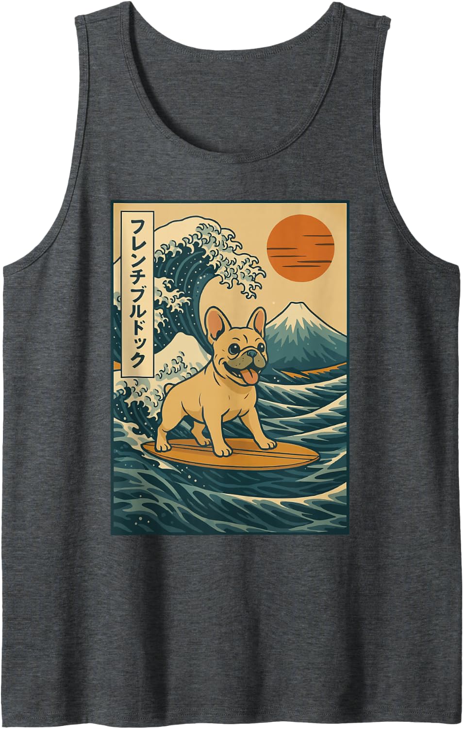 French Bulldog Surfing Japanese Tank Top - Dark Heather Grey