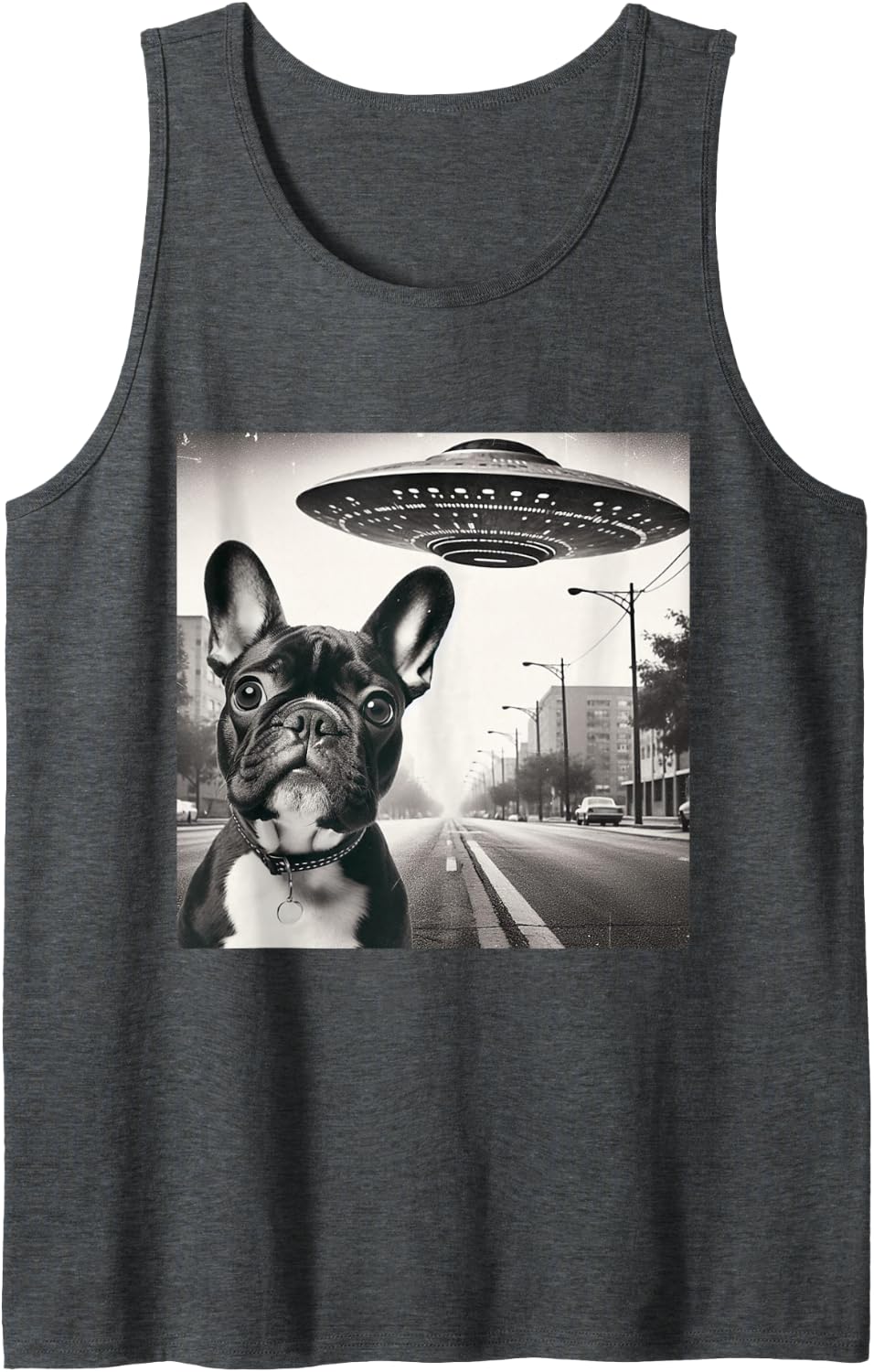 Funny UFO French Bulldog Selfie Alien Frenchie Tank Top - Dark Heather Grey