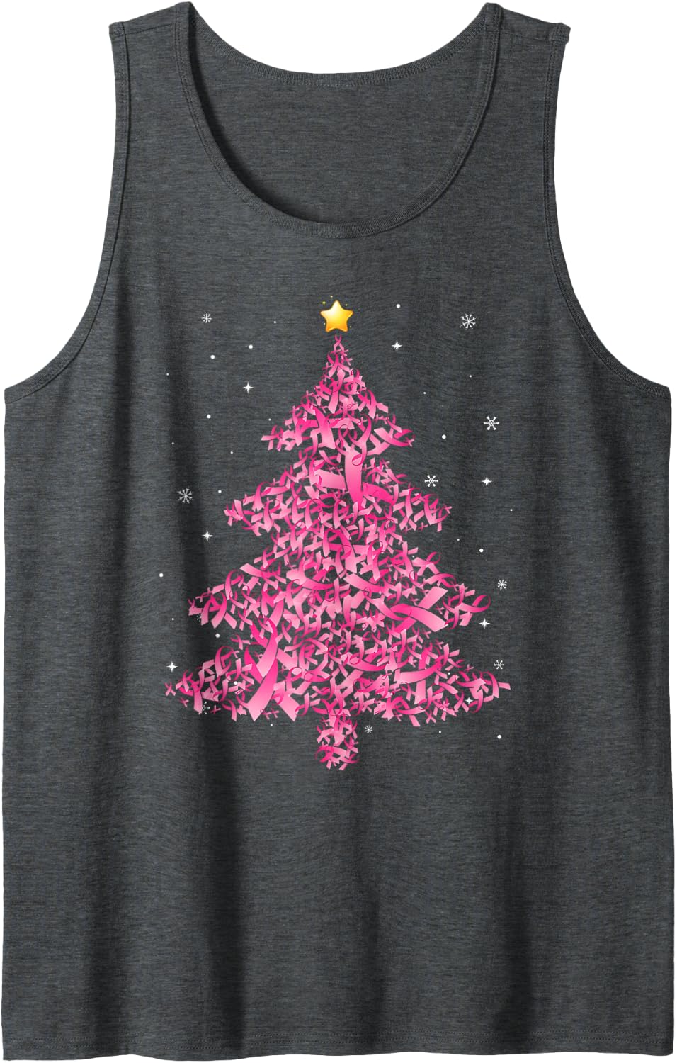 Breast Cancer Christmas Santa Hat Pink Ribbon Xmas Tree Sleeveless Tank Top - Dark Heather Grey