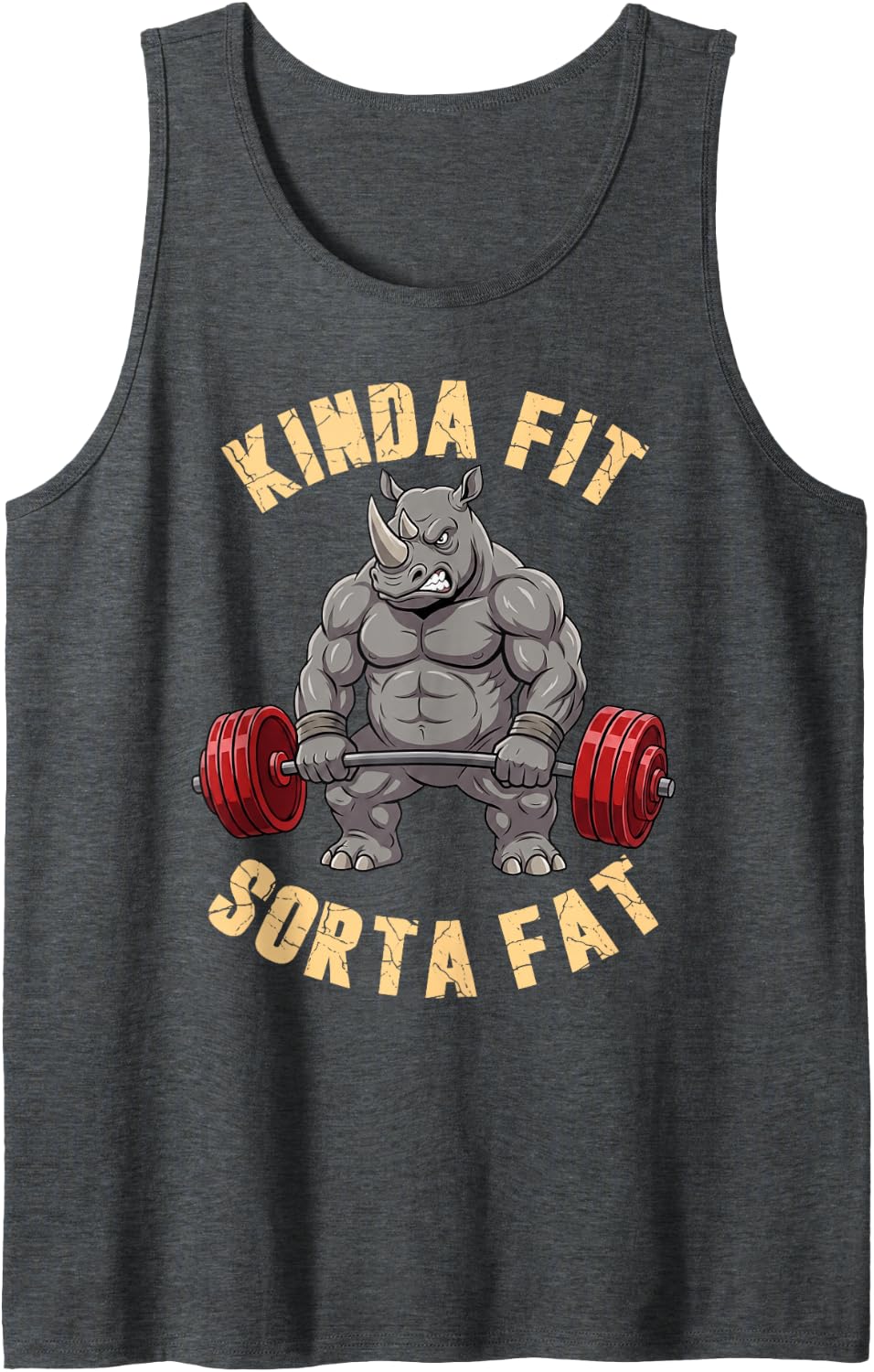 Kinda Fit Sorta Fat Fitness Funny Rhino Weightlifting Sleeveless Tank Top - Dark Heather Grey