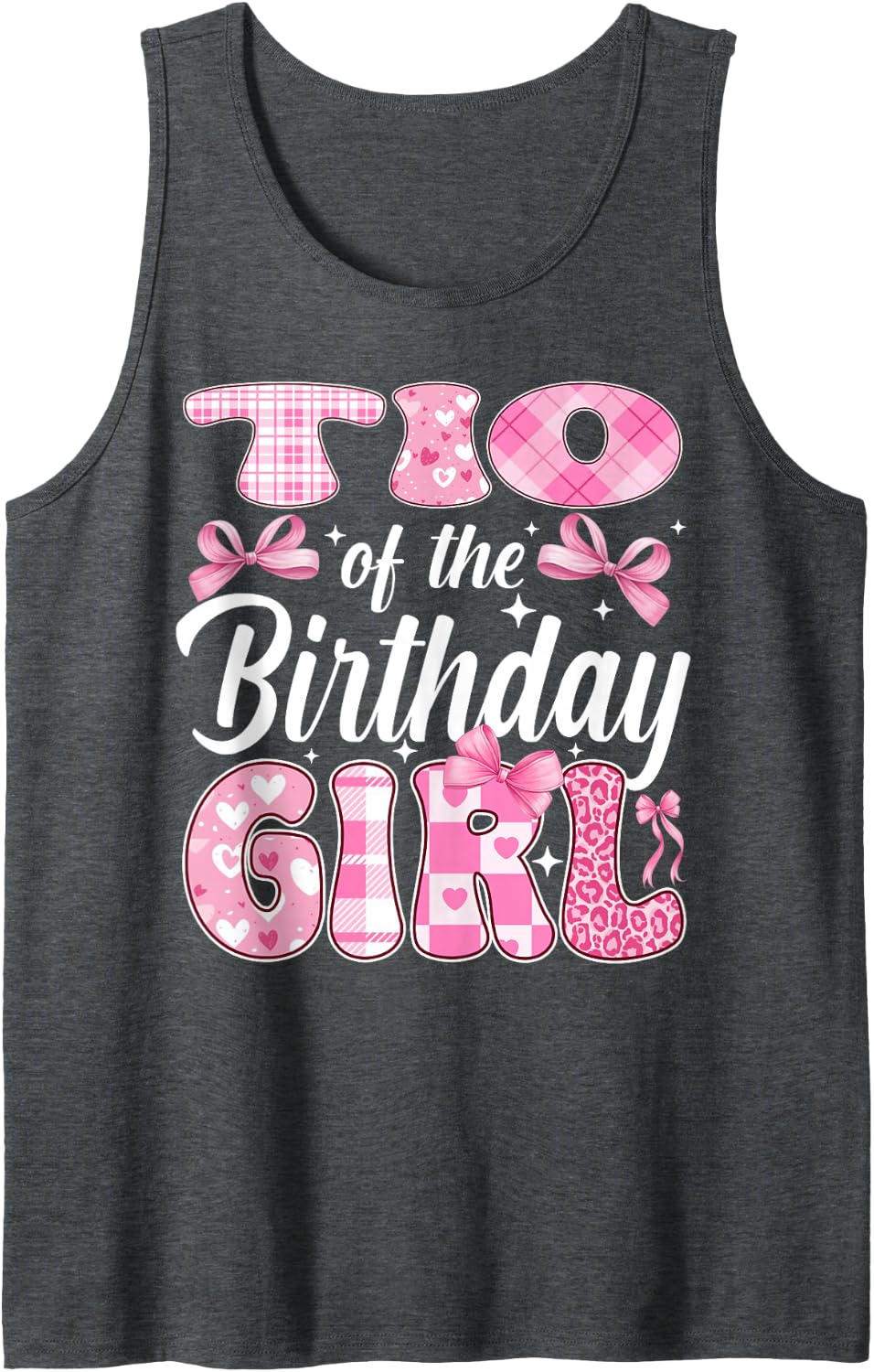 TIO of The Birthday Girl Family Pink Coquette Bow Sleeveless Tank Top - Dark Heather Grey