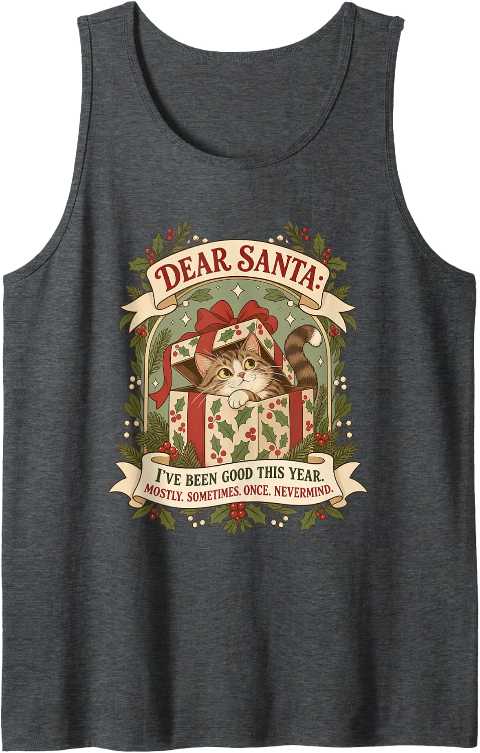 Dear Santa Funny Cat Christmas Tabby Kitten Confession Joke Sleeveless Tank Top - Dark Heather Grey