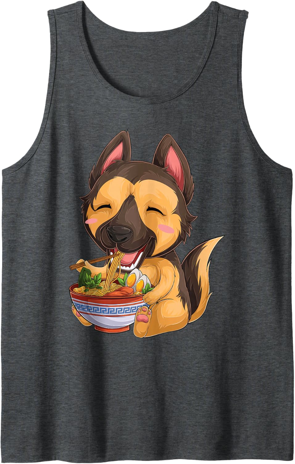 Kawaii Japanese Anime Dog German Shepherd Ramen Food Lovers Sleeveless Tank Top - Dark Heather Grey