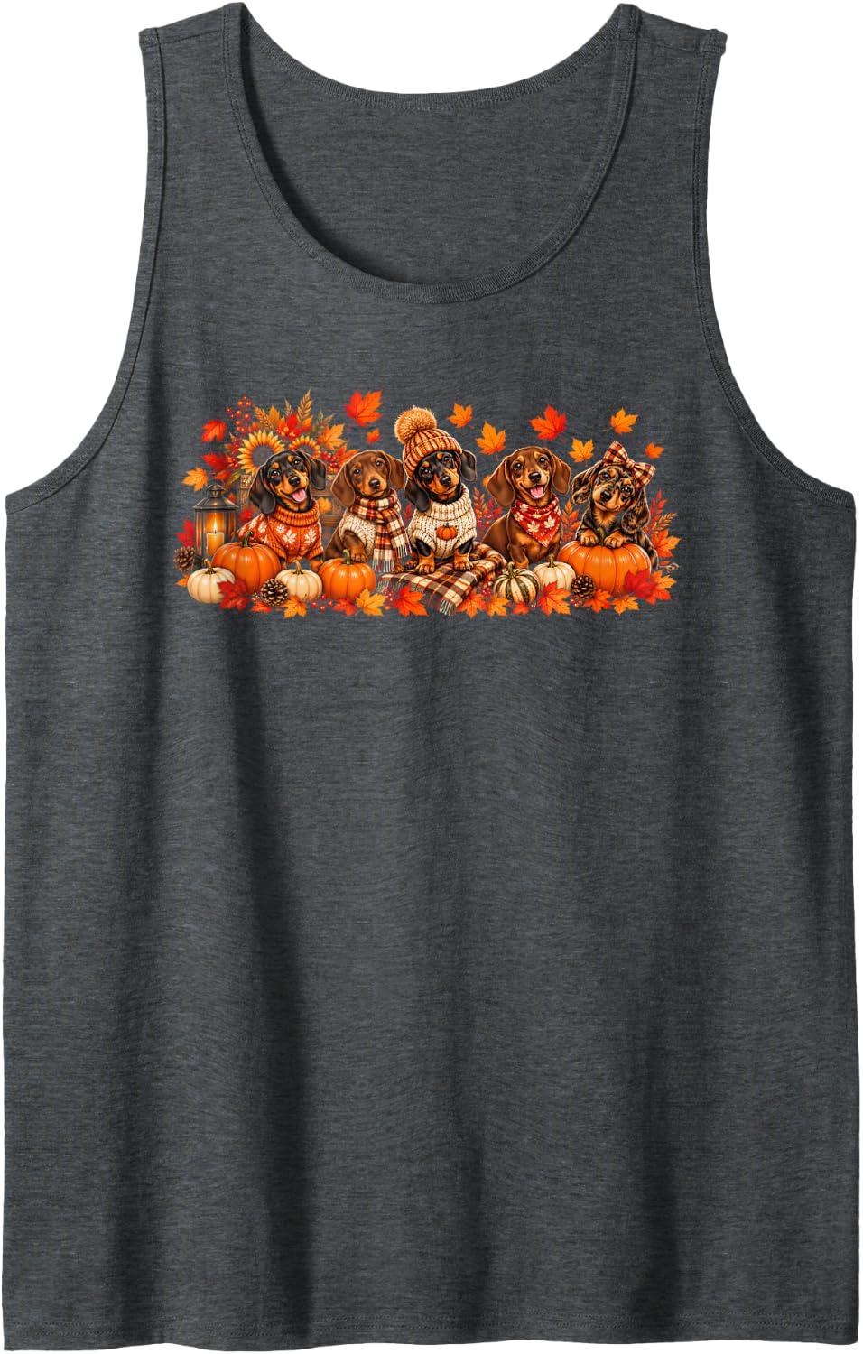 Wiener Dog Dachshund Fall Pumpkin Spice Leaves Thanksgiving Sleeveless Tank Top - Dark Heather Grey