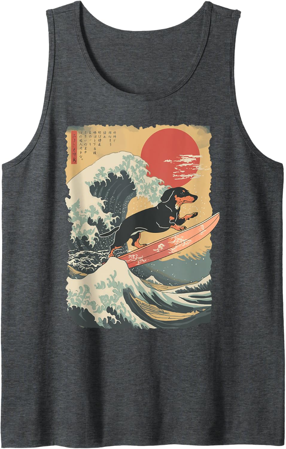 Dachshund Surfing Japanese Great Wave Tank Top - Dark Heather Grey