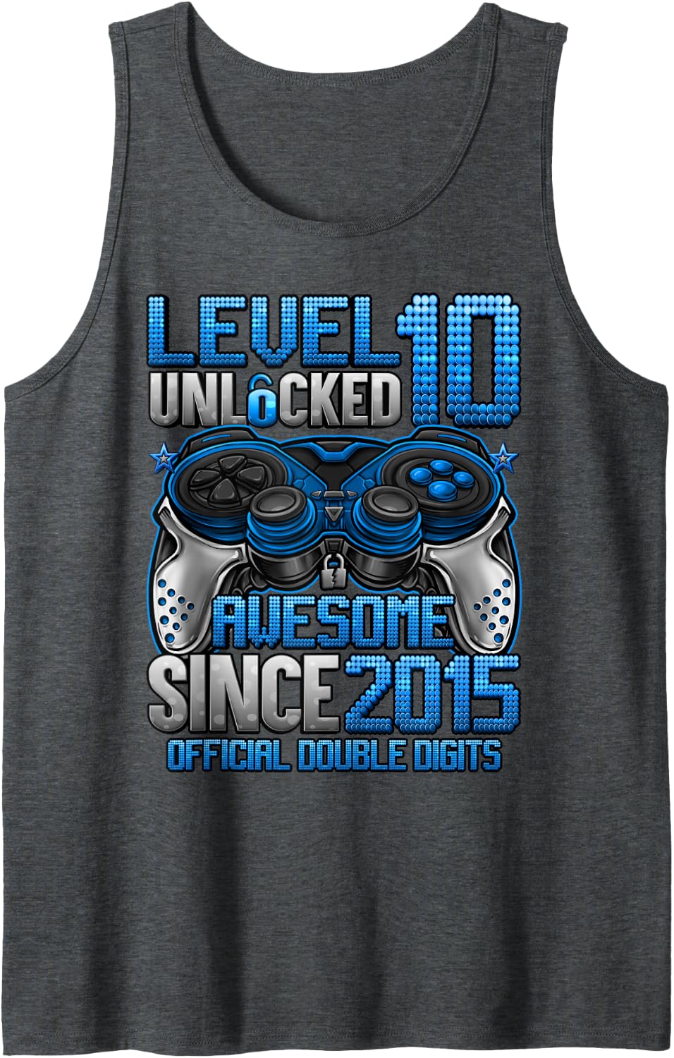 Official Double Digits Level 10 Unlocked 10th Birthday Boy Sleeveless Tank Top - Dark Heather Grey