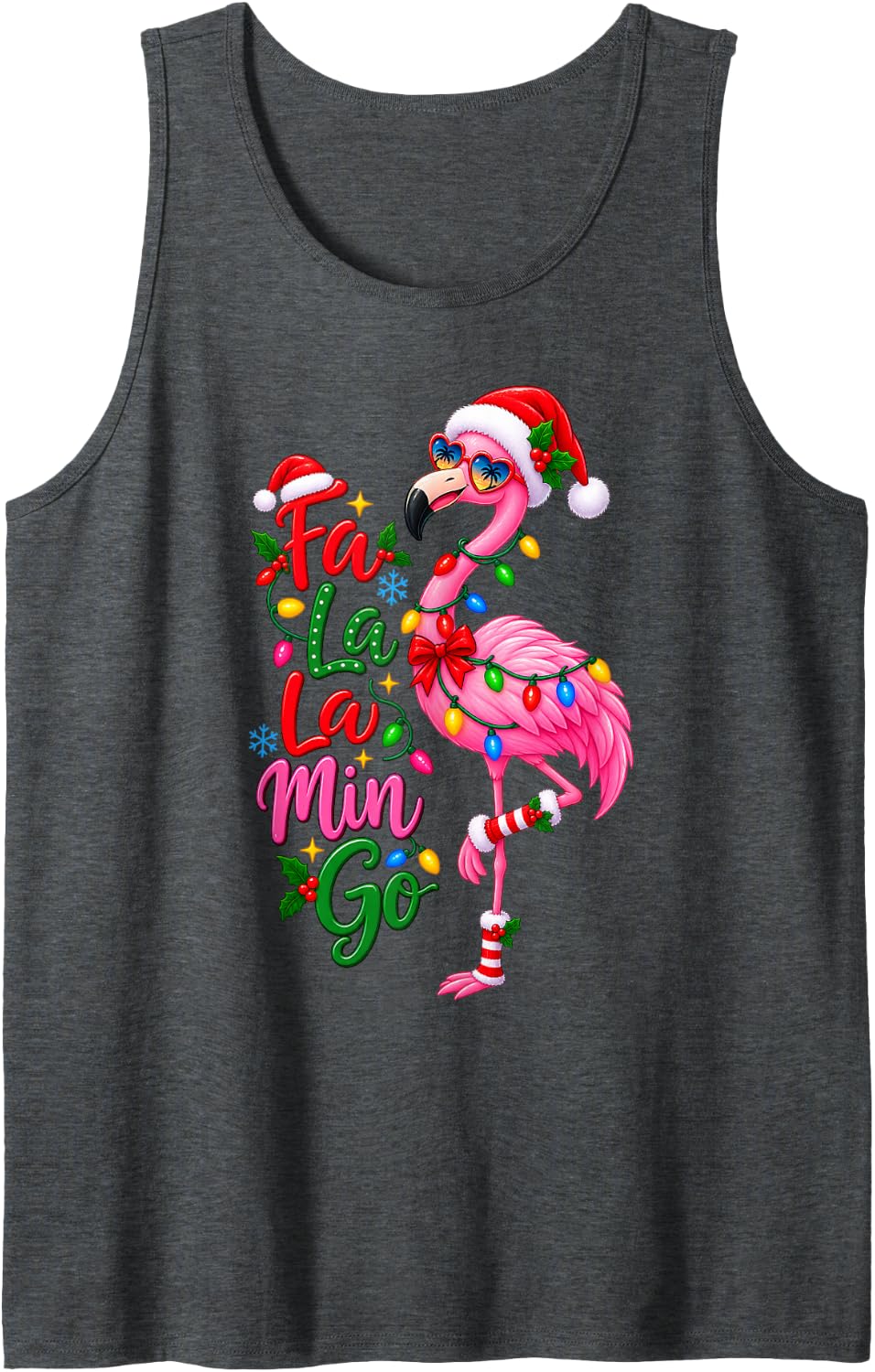 FA La La Flamingo Christmas Tropical Xmas Tree Lights Sleeveless Tank Top - Dark Heather Grey