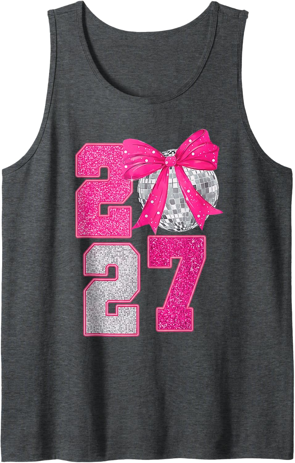 Happy New Year 2027 Disco Ball Pink Coquette Bow Family Sleeveless Tank Top - Dark Heather Grey