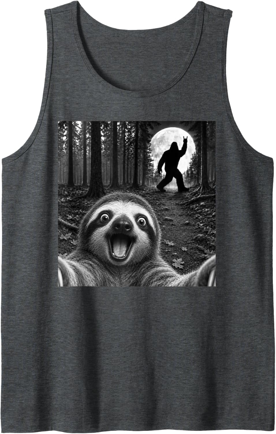 Sloth Selfie with Bigfoot Rock and Roll Sasquatch Sleeveless Tank Top - Dark Heather Grey