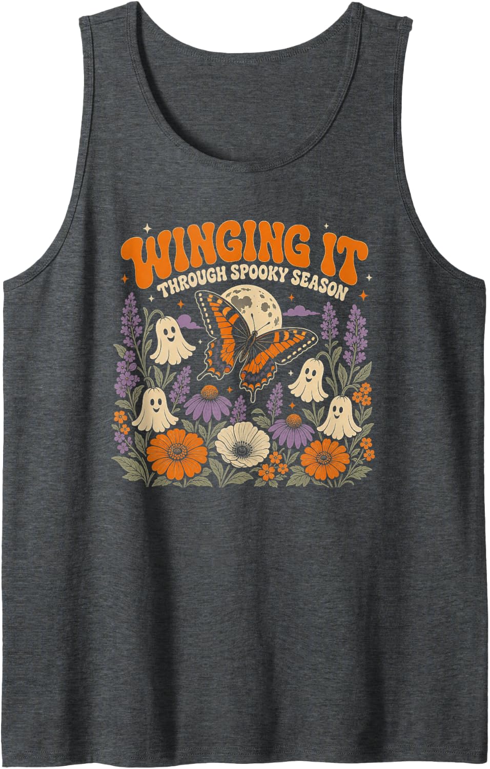Halloween Butterfly Ghost Flower Garden Spooky Season Tank Top - Dark Heather Grey