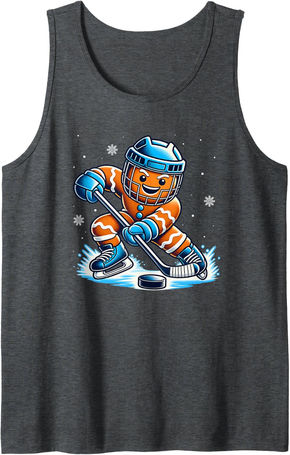 Funny Christmas Gingerbread Playing Ice Hockey Xmas Sport Sleeveless Tank Top - Dark Heather Grey