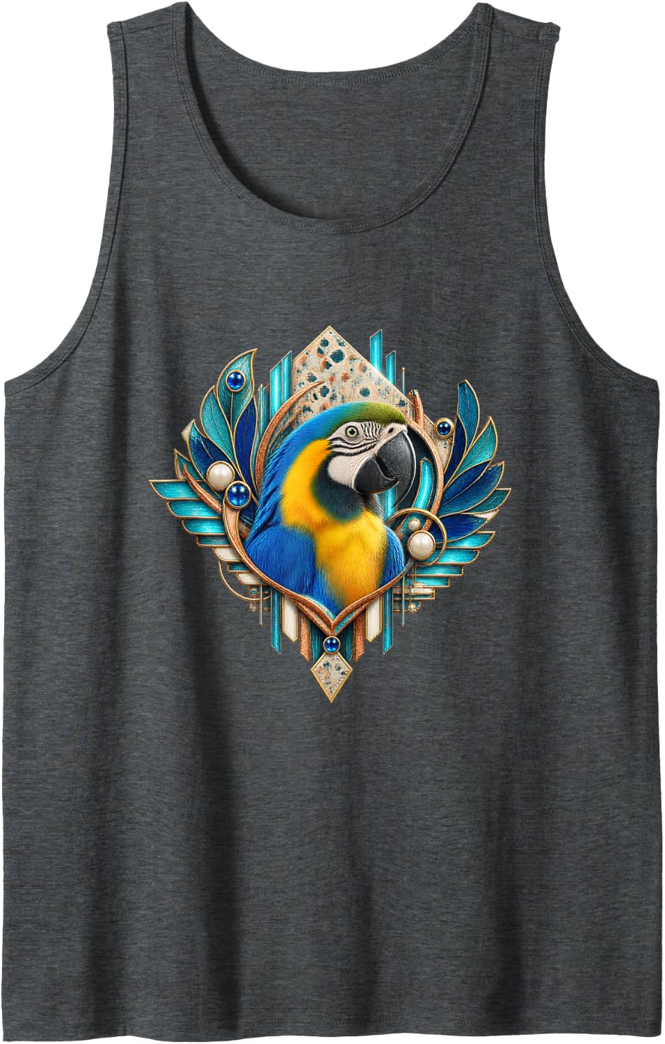 Blue and Gold Macaw in Teal Fan Frame Sleeveless Tank Top - Dark Heather Grey