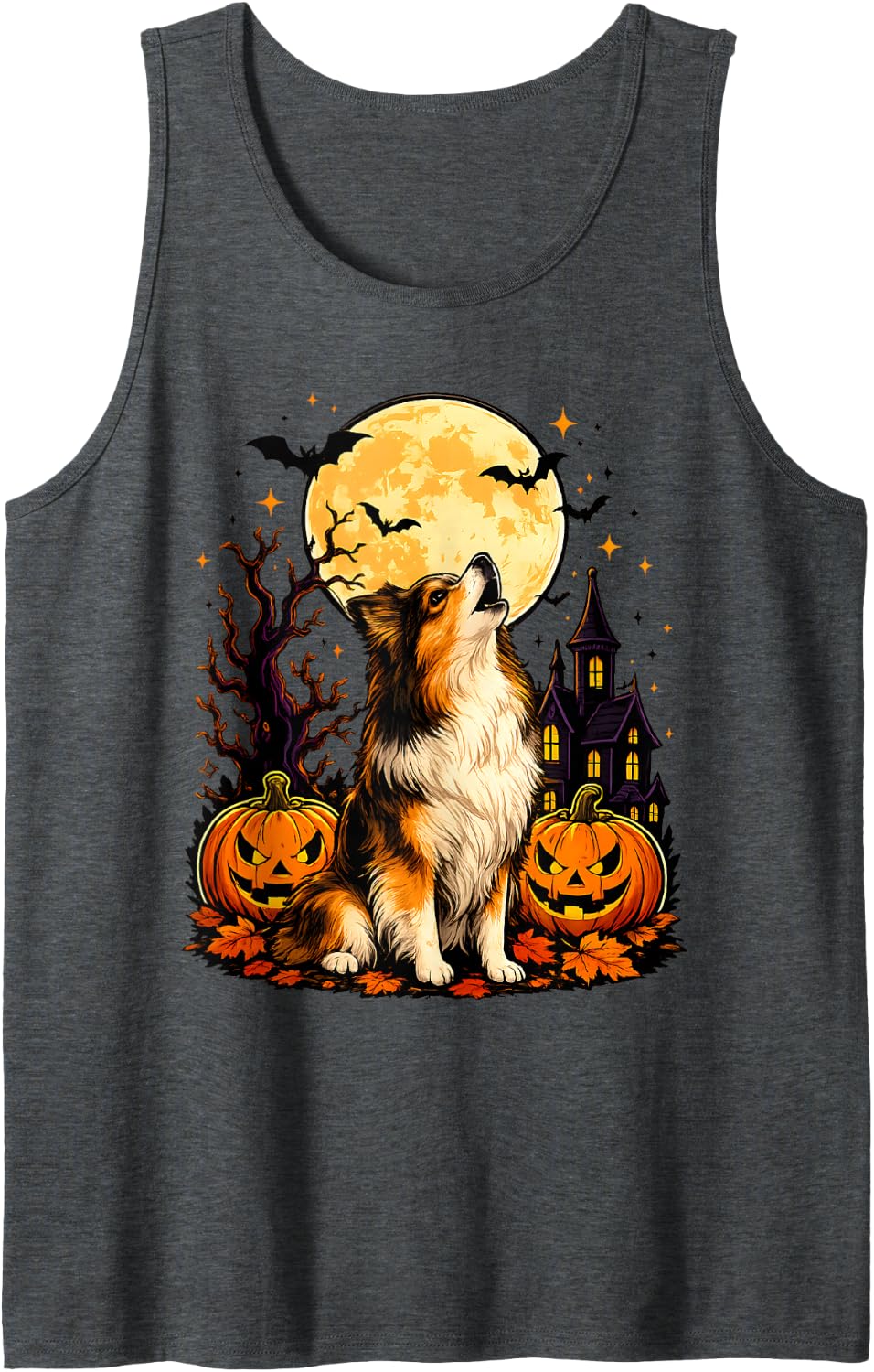 Shetland Sheepdog Howling at The Moon Dog Lover Halloween Tank Top - Dark Heather Grey