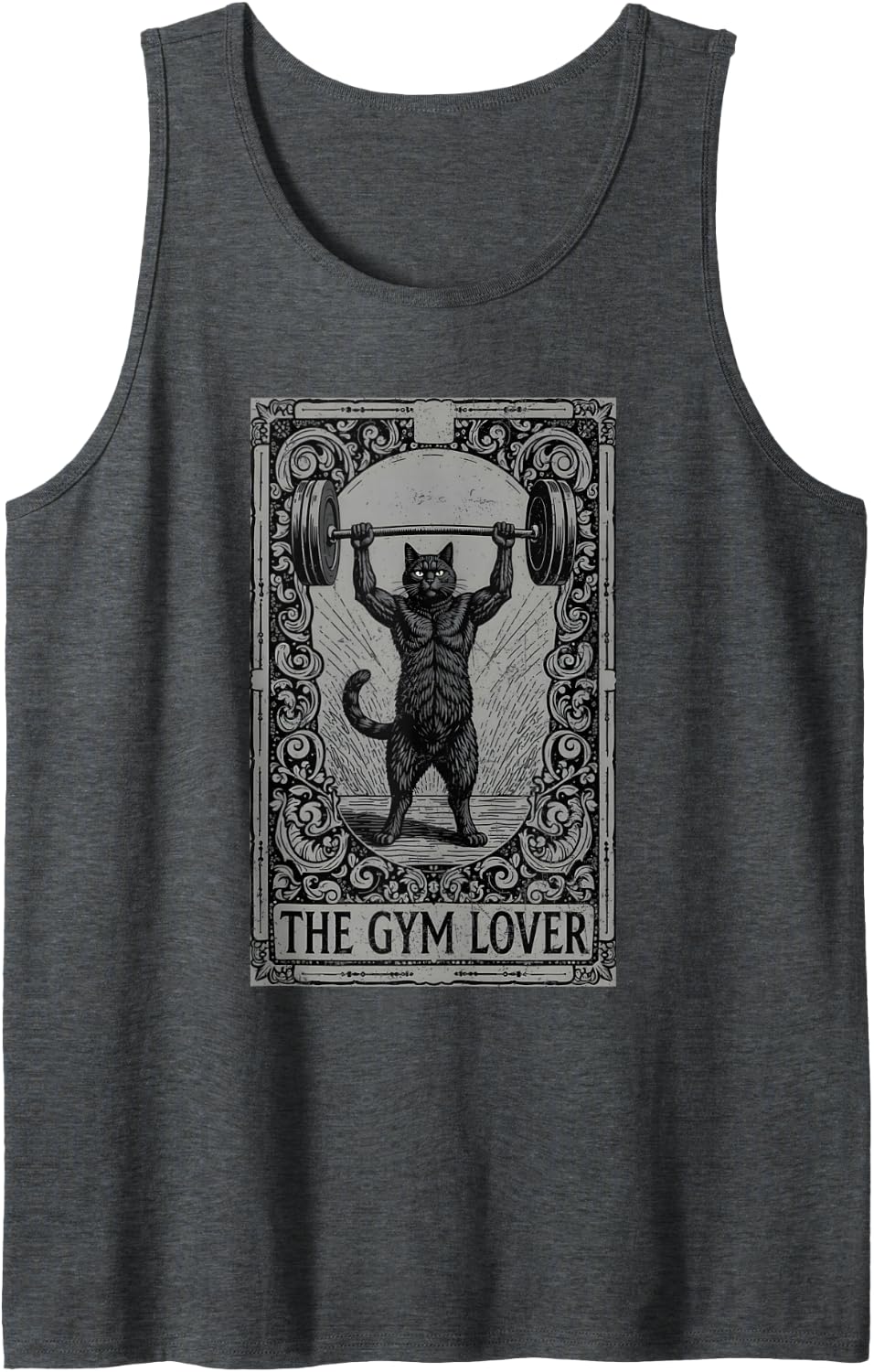 The Gym Lover Tarot Card Cat Lifting Weight Grunge Sleeveless Tank Top - Dark Heather Grey
