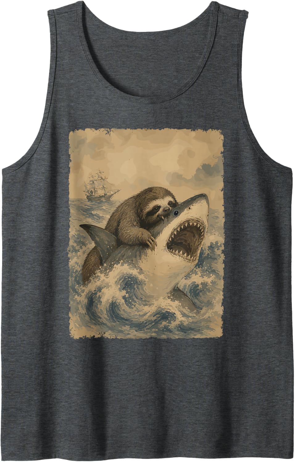 Sloth Biting Shark Funny Ocean Animal Men Kids Sleeveless Tank Top - Dark Heather Grey