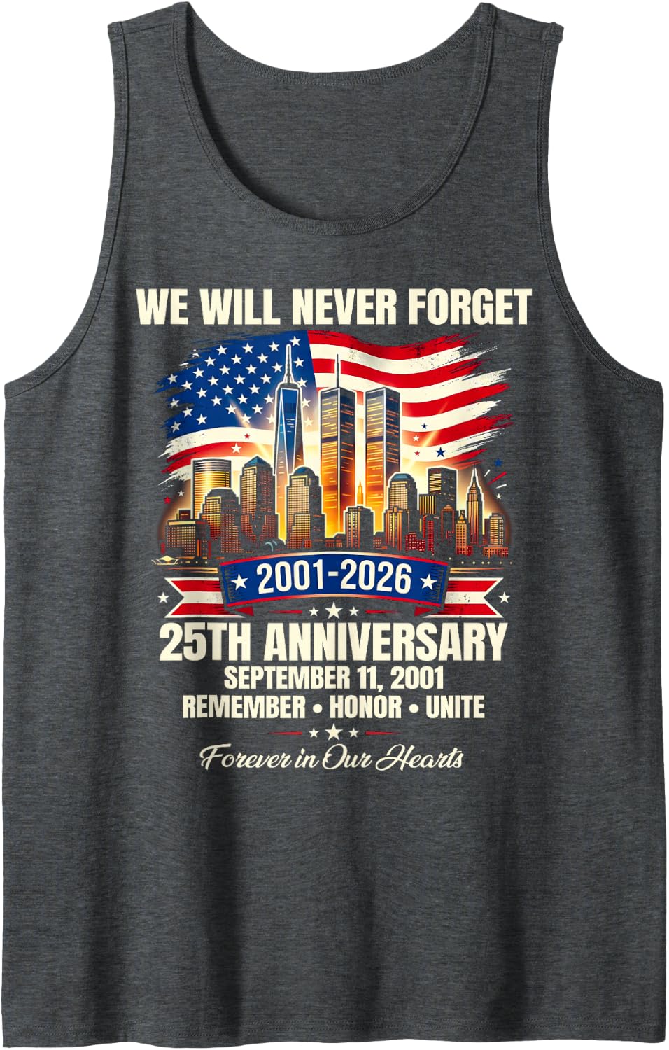 25th Anniversary September 11 2001 Memorial Day USA Flag Sleeveless Tank Top - Dark Heather Grey