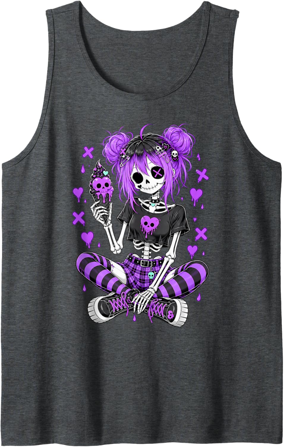 Purple Goth Skeleton Girl Skull Icecream Emo Grunge Art Sleeveless Tank Top - Dark Heather Grey