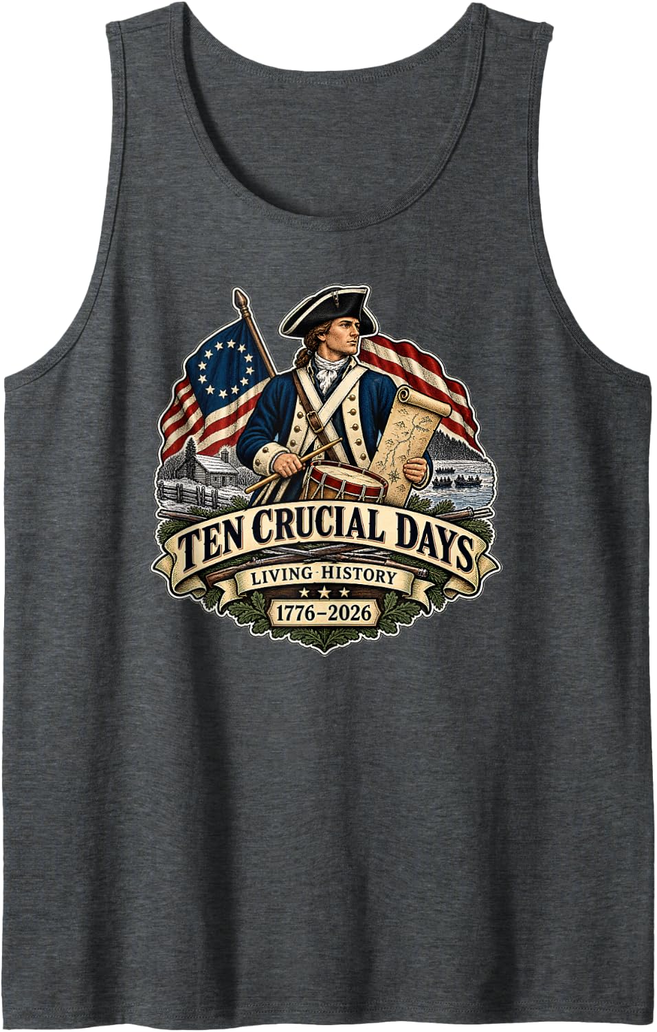 Ten Crucial Days American Revolution History Patriot Drummer Sleeveless Tank Top - Dark Heather Grey