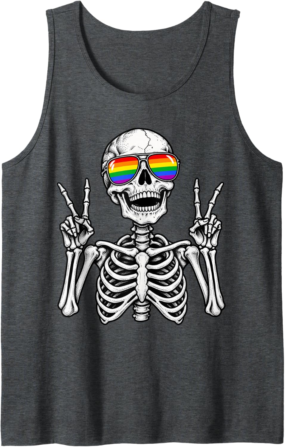 Pride Skeleton Rainbow Sunglasses Peace Sign LGBTQ Sleeveless Tank Top - Dark Heather Grey