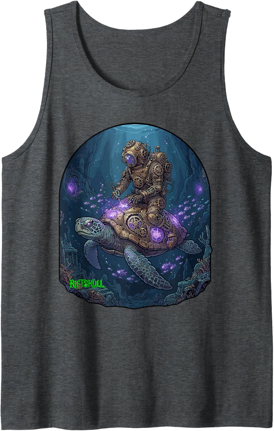 Steampunk Diver on Cybernetic Turtle Gothic Dark Fantasy Sleeveless Tank Top - Dark Heather Grey