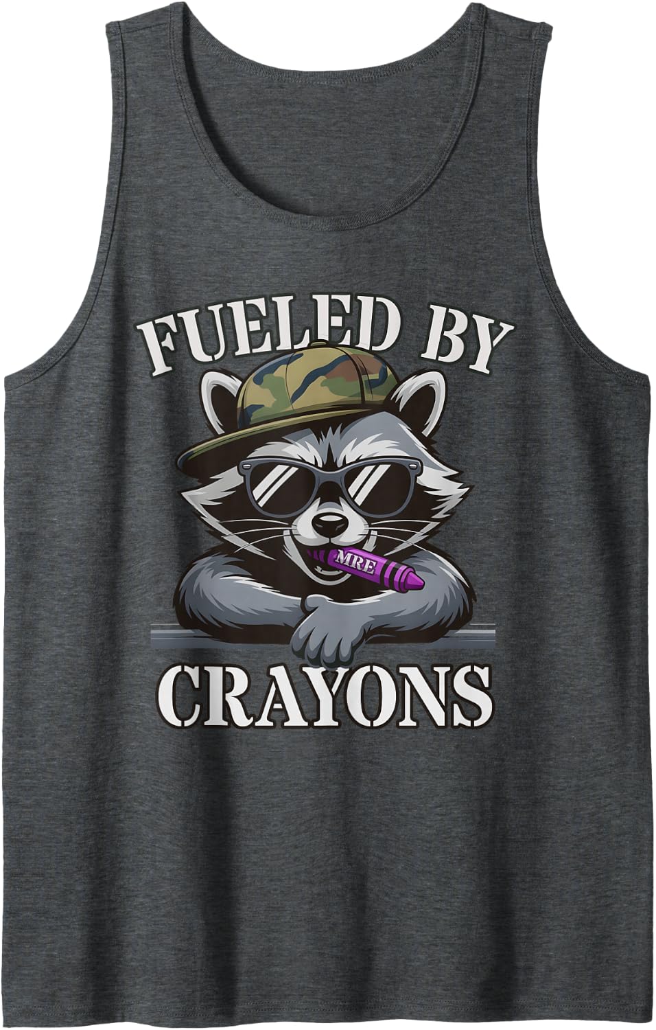 Funny Fueled BY Crayons Military Corps Raccoon Officer Meme Sleeveless Tank Top - Dark Heather Grey