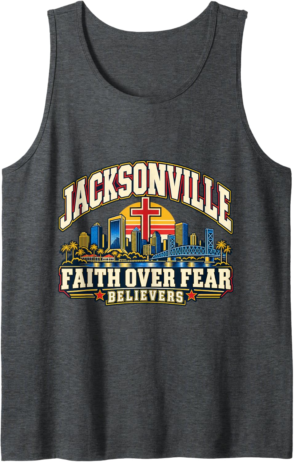 Jacksonville Faith Over Fear Christian Cross Skyline Sleeveless Tank Top - Dark Heather Grey