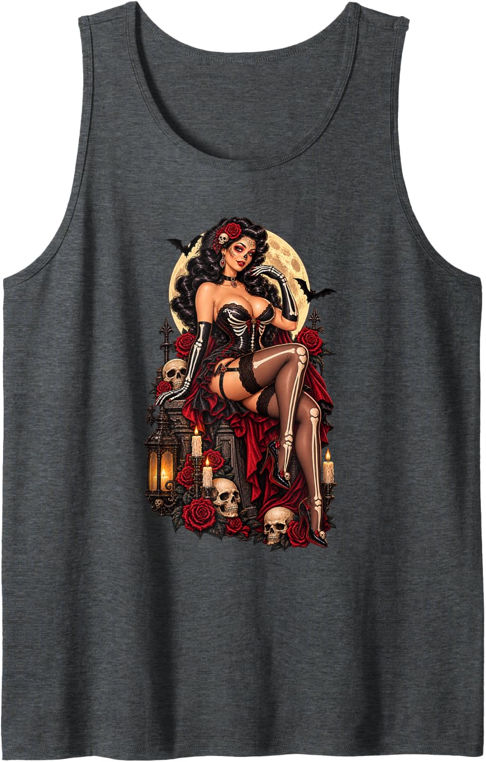 Sexy Pinup Girl Skeleton Retro Halloween Vintage Art Sleeveless Tank Top - Dark Heather Grey