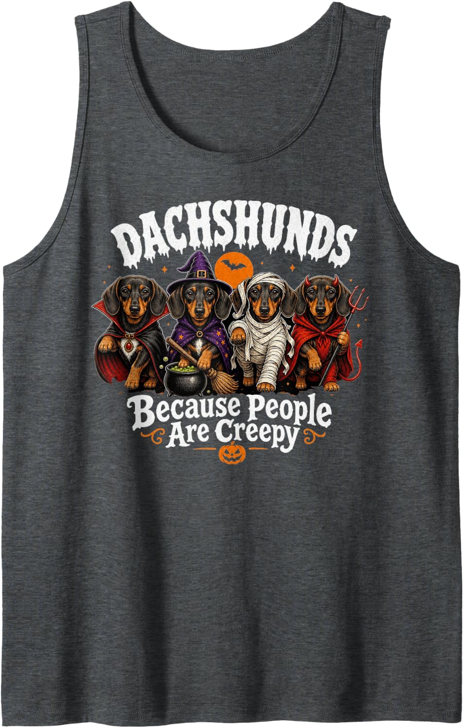 Dachshunds Because People are Creepy Halloween Sleeveless Tank Top - Dark Heather Grey