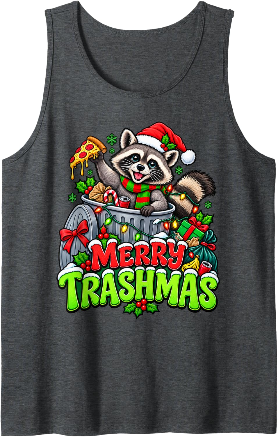 Merry Trashmas Raccoon Funny Christmas Pizza Chaos Tank Top - Dark Heather Grey